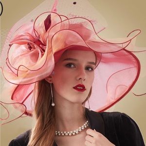 organza church hat large brim flower Kentucky derby hat red/gold/maroon